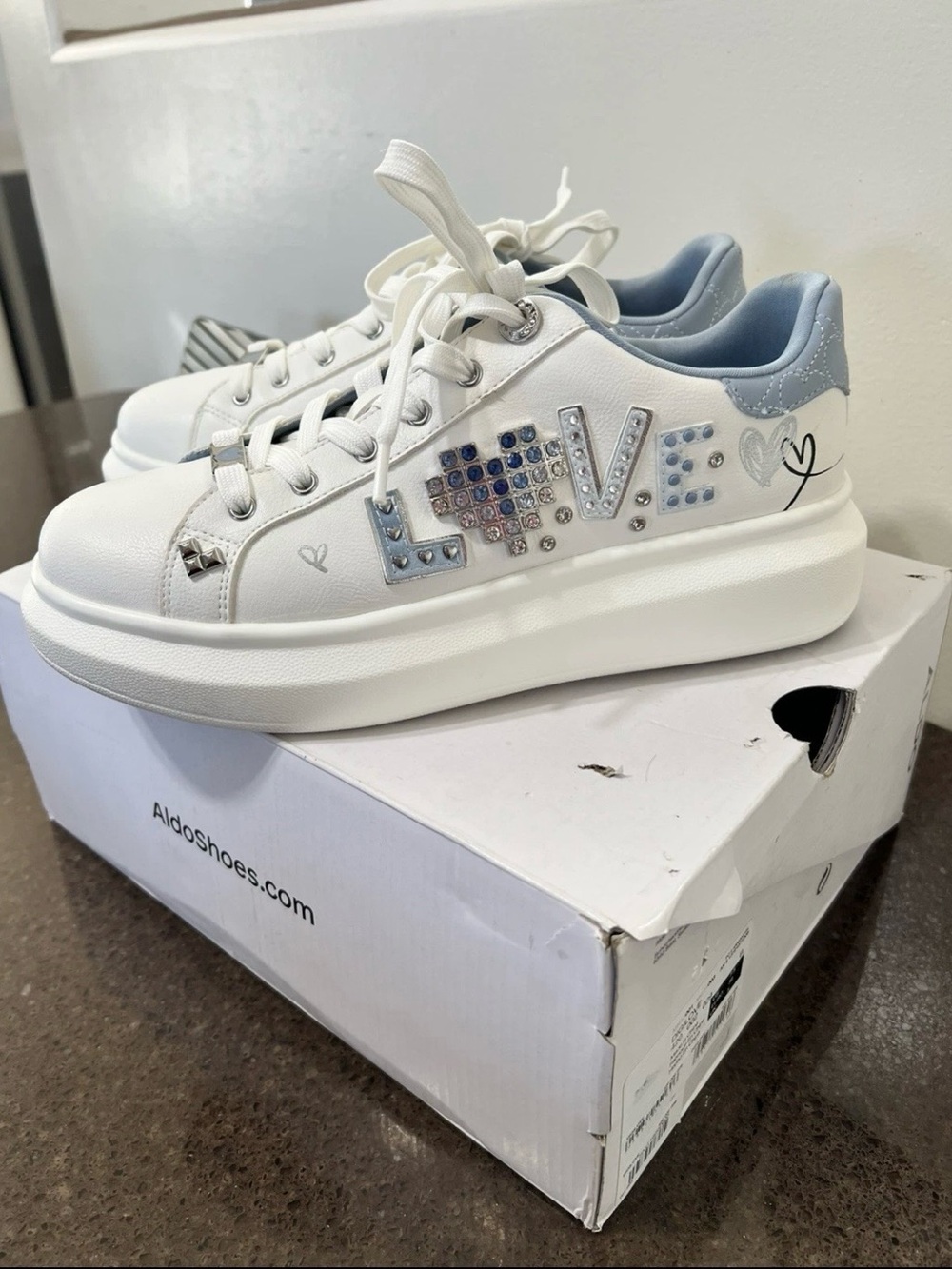 Aldo White Platform Sneakers with Light Blue Collar and Crystal LOVE